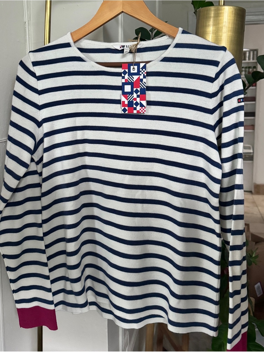 Batela Sea Style Merino Wool Blend Breton Crewneck Sweater NWT EU 44 Navy/Cream